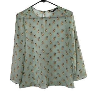 ZARA FRENCH BULLDOG PRINT NOVELTY SHEER CHIFFON STUDDED‎ SHOULDER MINT BLOUSE S